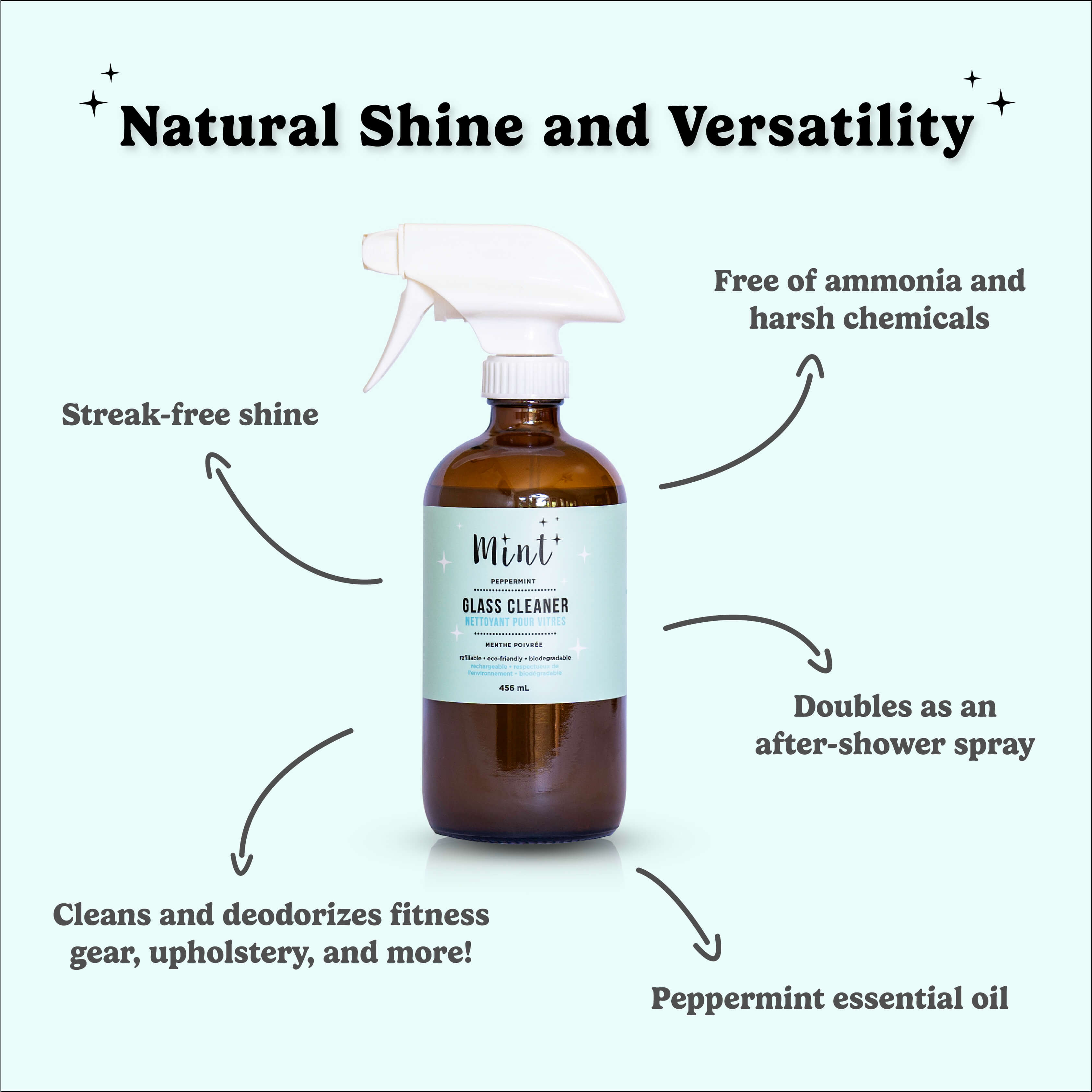 Graphic of Mint Glass Cleaner (glass bottle) with the title &