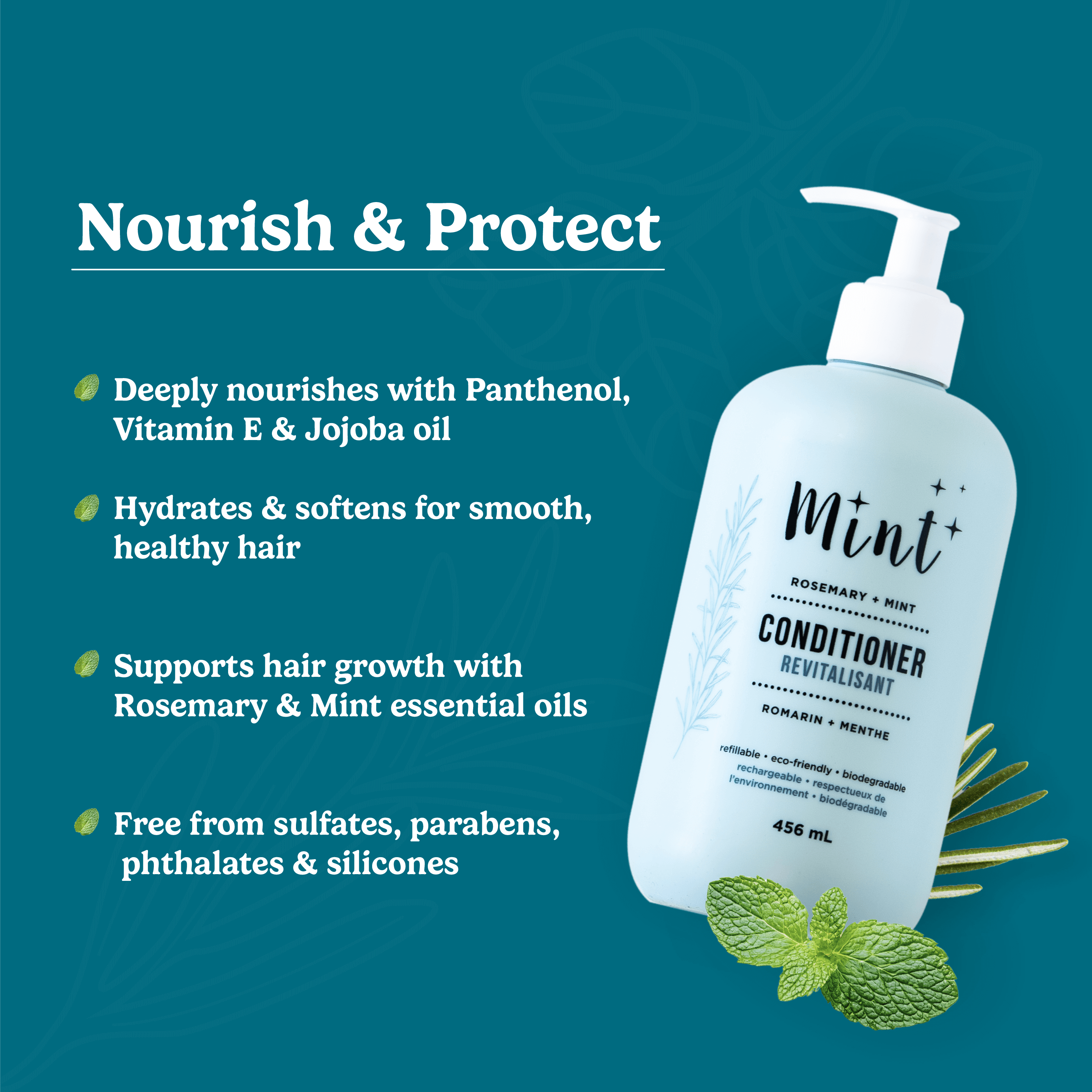 Image of Mint Rosemary + Mint Conditioner with a teal background. Title: "Nourish & Protect." Key benefits listed: deeply nourishes with Panthenol, Vitamin E & Jojoba Oil, hydrates for smooth hair, supports hair growth, and is free from sulfates, parabens, phthalates & silicones.